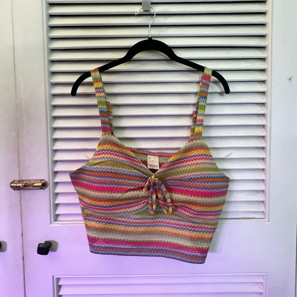 No Boundaries Red Pink Tie Front Crop Tank Top